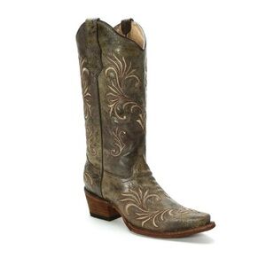 CIRCLE G Women's Brown Tan Leather Western Cowgirl Filigree Snip Toe Boots 6.5